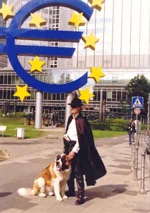 Bankdirector Wolf-ram with guarddog Teuro infront of European Central Bank